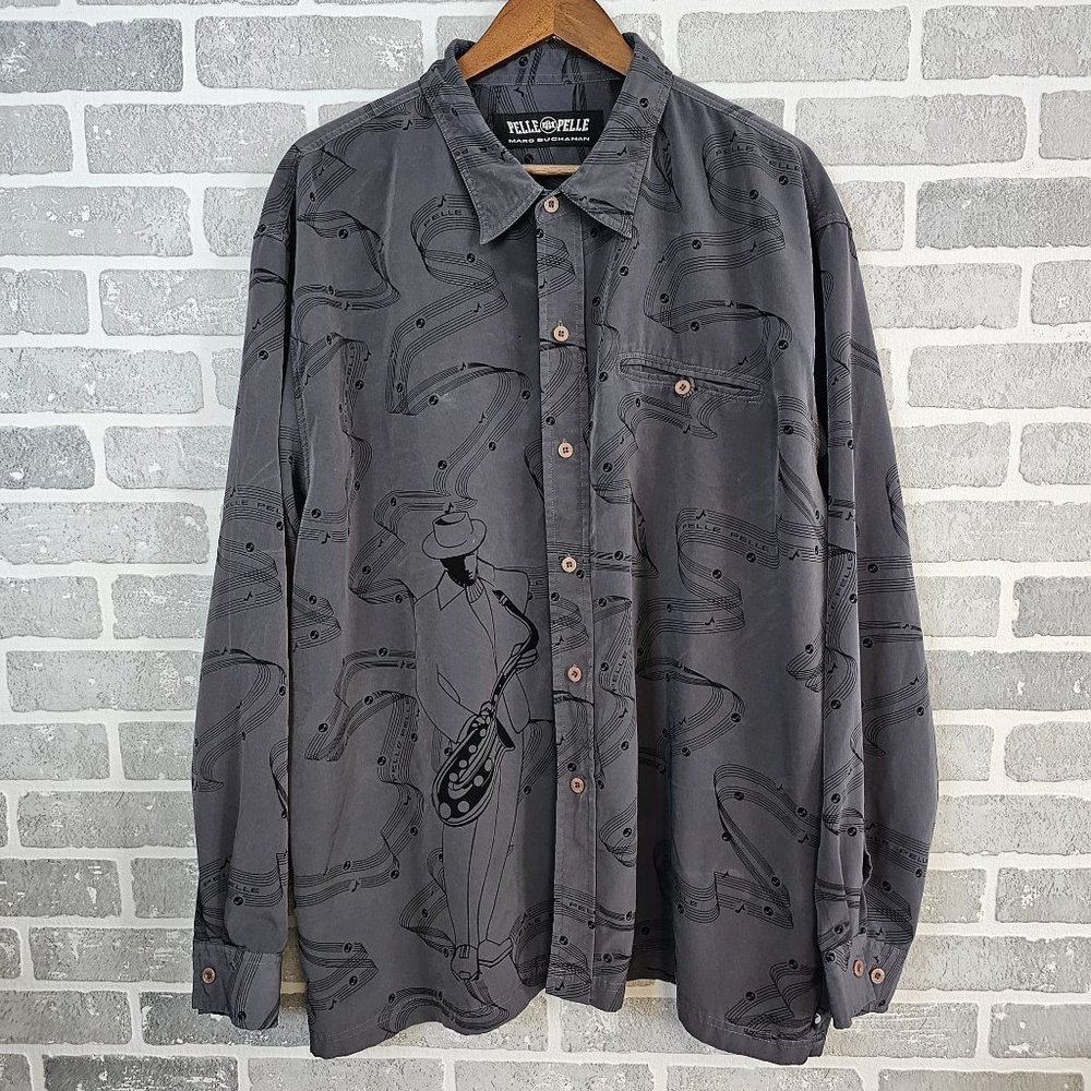 Pelle Pelle‎ Marc Buchanan Shirt Men's 2XL Gray Rhapsody Blues Saxophone Jazz